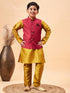 Boy's Maroon Woven Jacket With Mustard Kurta And Pyjama Set